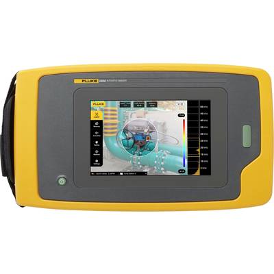 Draagbaar akoestisch meetapparaat met displayweergave. Het toont een buisleidingssysteemafbeelding met temperatuur- en geluidmetingswaarden.