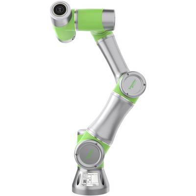 Industriële robotarm in groen en zilver, met markante gewrichtsconstructie voor precieze mechanische bewegingen.