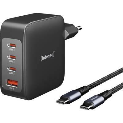 Een zwarte USB-oplader met vier poorten (drie USB-C, een USB-A) en twee USB-C-kabels. Merknaam 'Intenso' zichtbaar.