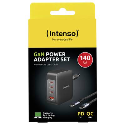 Verpakking van een Intenso GaN Power Adapter Set, 140W, inclusief USB-C naar USB-C kabel, ondersteunt snel opladen van laptops.