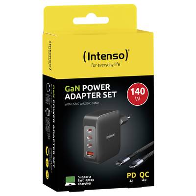 'Intenso GaN Power Adapter Set', 140W oplader, vier USB-C poorten, ondersteunt snel opladen, inclusief USB-C-kabel.