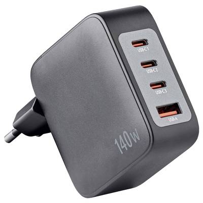 Zwart 140W-laadstation met drie USB-C- en één USB-A-poort, Europese stekker zichtbaar.