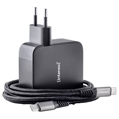 Een zwarte Intenso-oplader met twee ronde stekkerpennen en een USB-C-kabel die om de oplader is gewikkeld.