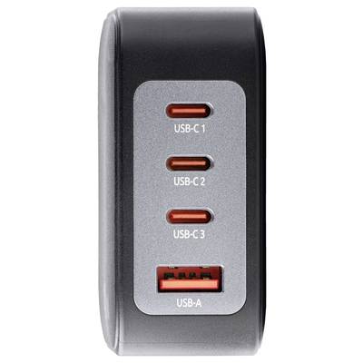 Een zwart oplaadstation met drie USB-C-poorten en één USB-A-poort aan de voorkant. Elke poort is gelabeld met 'USB-C 1', 'USB-C 2', 'USB-C 3' en 'USB-A'.