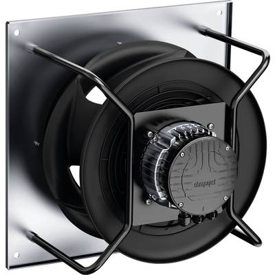Een zwarte ventilator gemonteerd op een metalen plaat. Geschikt voor industriële toepassingen voor luchtcirculatie en koeling.