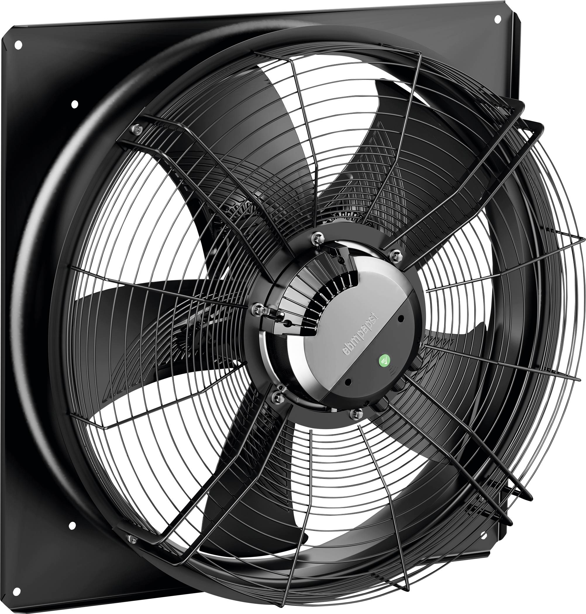 Zwarte ventilator met metalen rooster en vijf schoepen, gemonteerd aan een muur, weergegeven in zijaanzicht.