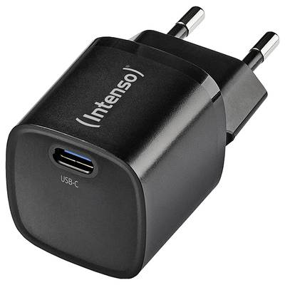 Zwart USB-C-oplaadapparaat met de opdruk 'Intenso'. Europees stopcontacttype, compact en draagbaar voor elektronische apparaten.