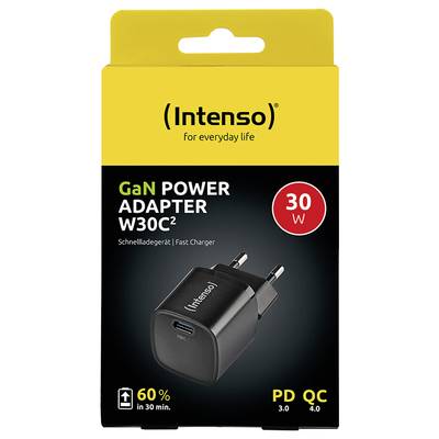 'Intenso GaN Power Adapter W30C2' Oplader, 30W. Snel opladen: 60% in 30 min. Ondersteunt PD 3.0, QC. Verpakking geel-zwart.