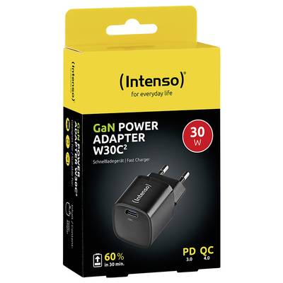 Intenso GaN Power Adapter, 30W snelllaadoplader in zwarte verpakking. Ondersteunt PD 3.0 en QC 4.0. Optimaal voor snel opladen.