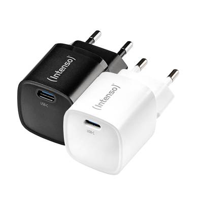 Twee USB-C-opladers in zwart en wit met EU-stekker. Opschrift 'Intenso'.