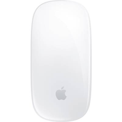 Witte draadloze muis met minimalistisch ontwerp en Apple-logo.