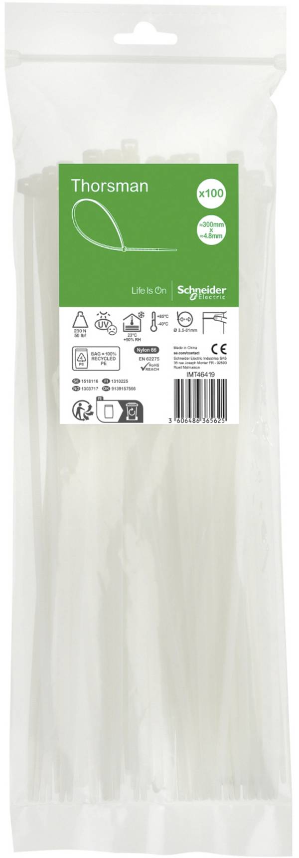 Schneider Electric IMT46419  Kabelbinder 300 mm 4.8 mm Helder Met klikverbinding 100 stuk(s)