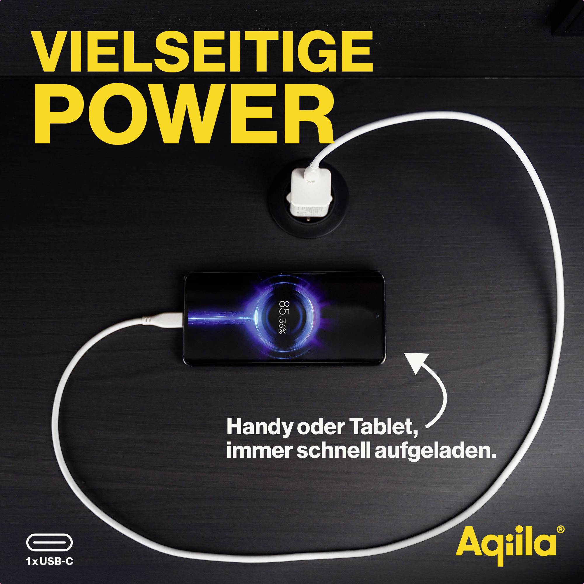 'Smartphone wordt op een tafel opgeladen via een USB-C-kabel. Tekst: 'Veelzijdige Power'. Verwijzing naar snel opladen van mobiele telefoon of tablet.'