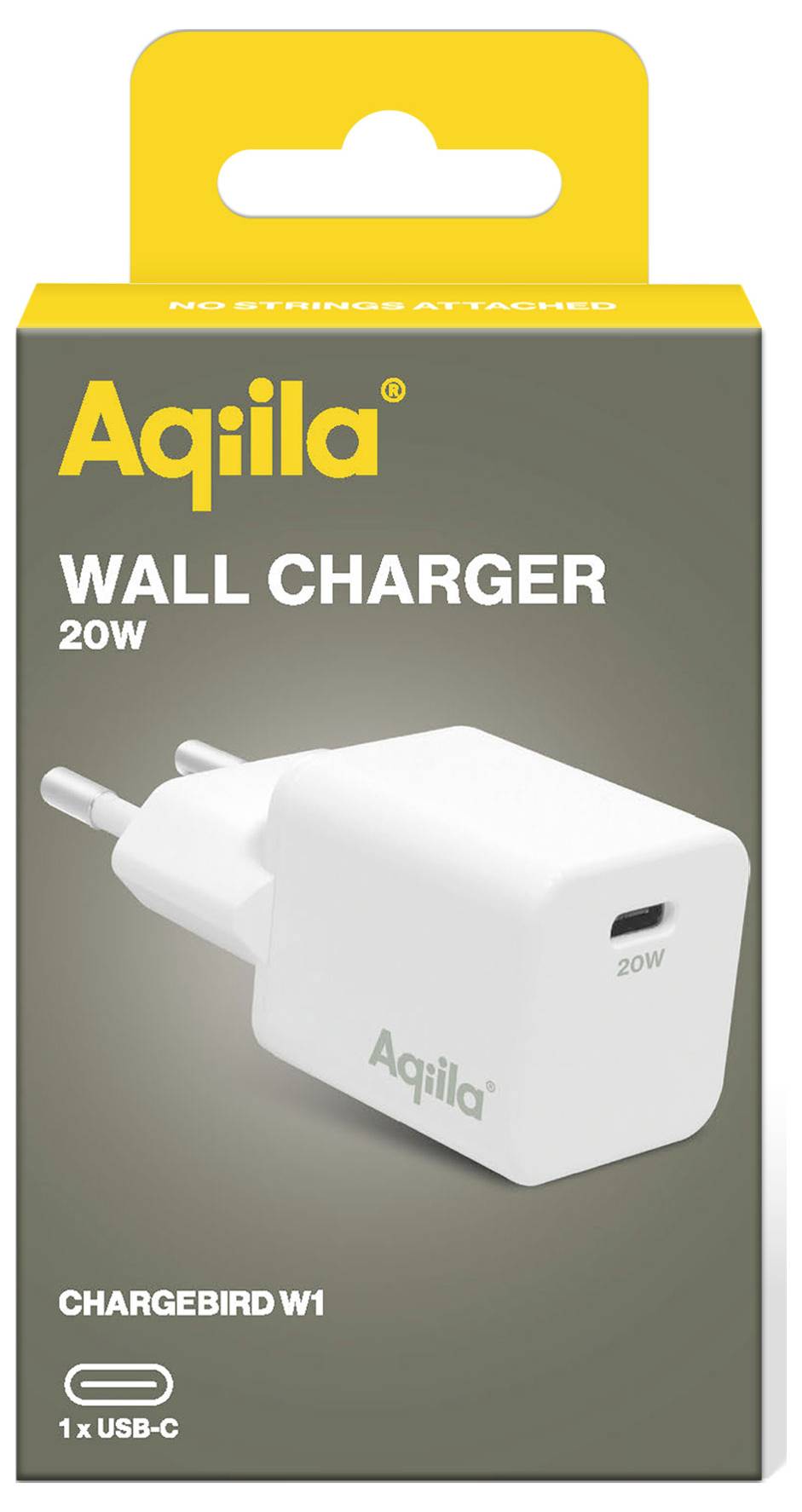Een witte Aqiiila 20W wandlader verpakking met opschrift 'No Strings Attached'. Voorzijde toont USB-C-aansluiting en 'Chargebird W1'.