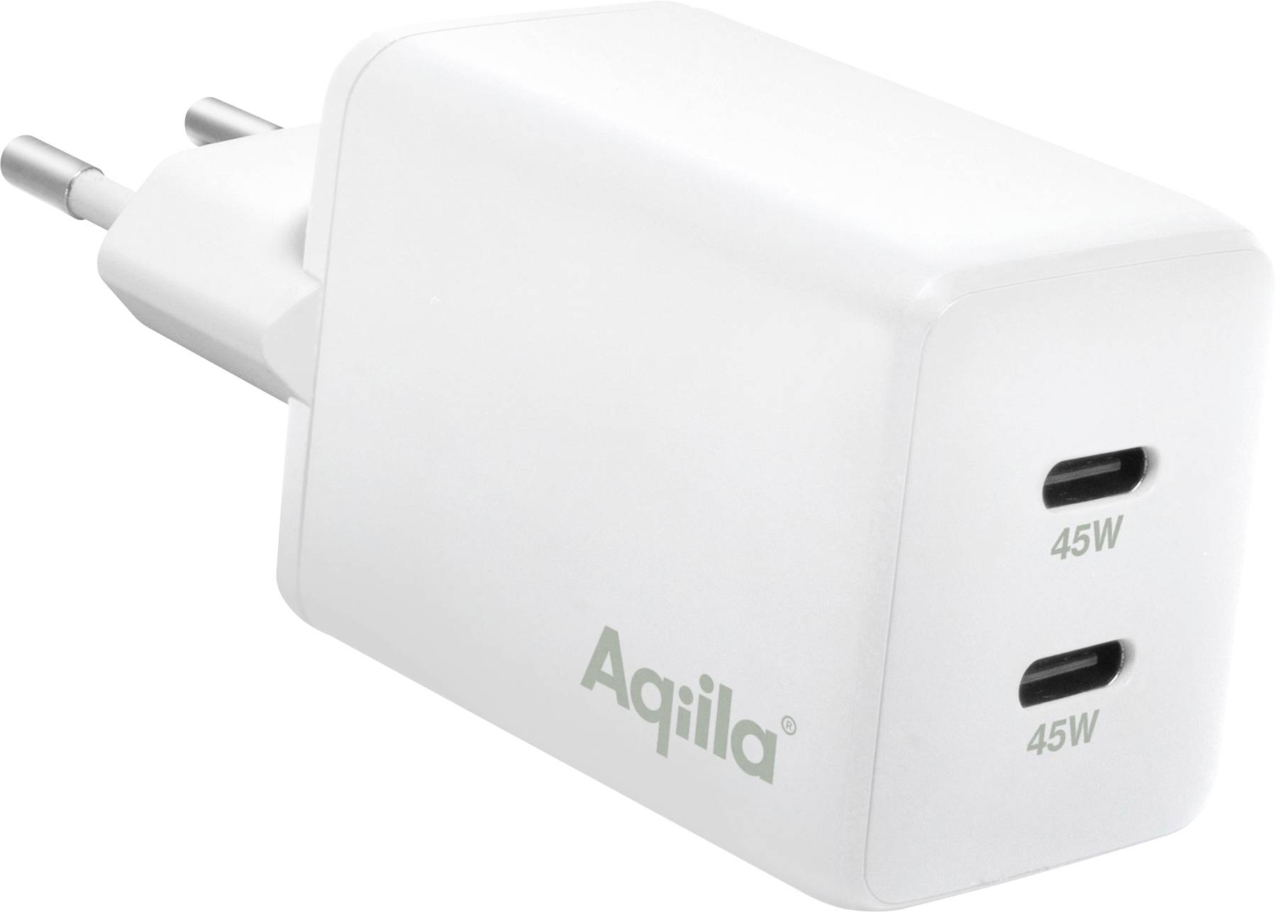 Witte USB-C-wandoplader met twee poorten, elk met een uitgangsvermogen van 45 watt, geschikt voor snel opladen.