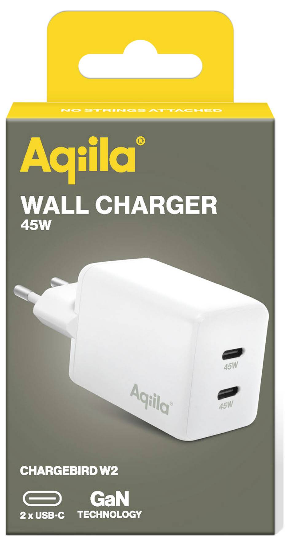 Verpakking van een Aqila wandlader, 45W, met twee USB-C-poorten en GaN-technologie, model 'Chargebird W2', gele rand bovenaan.