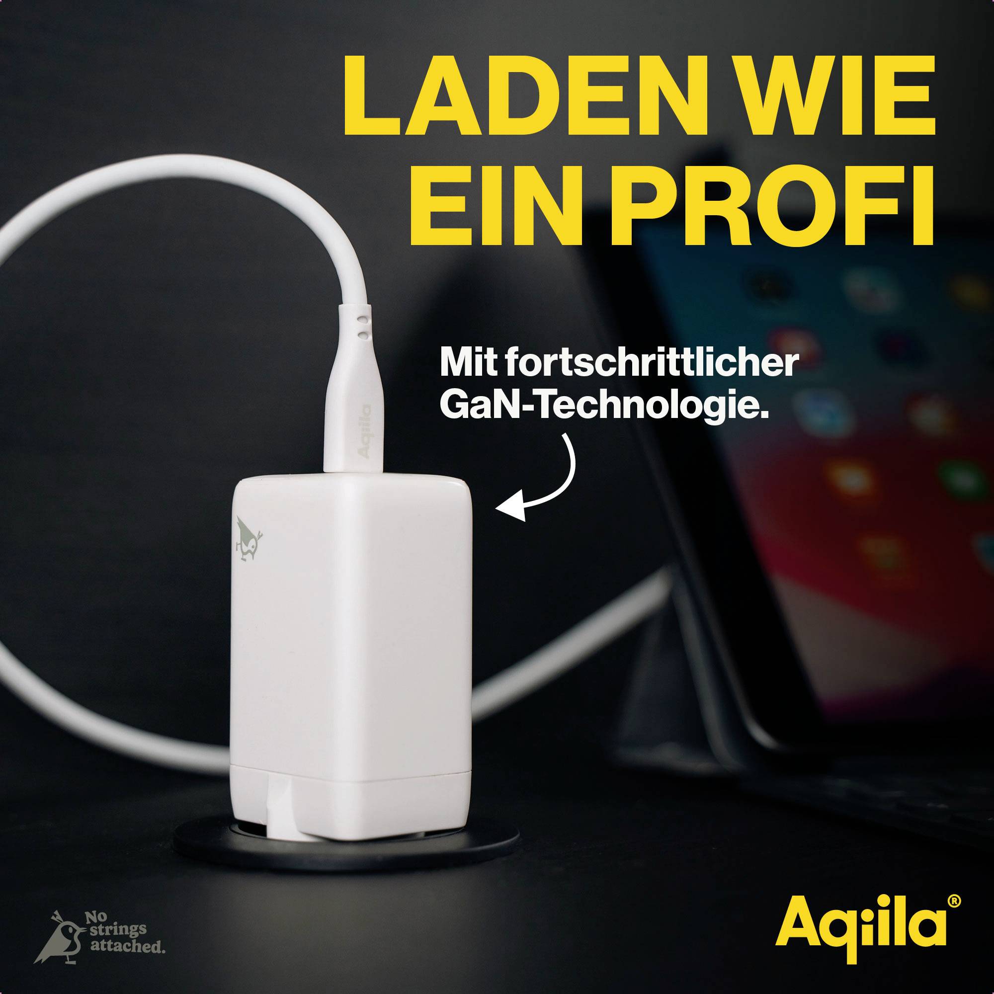 Oplader met GaN-technologie naast een smartphone. Tekst 'Laden als een professional'. Merknaam onderaan rechts.