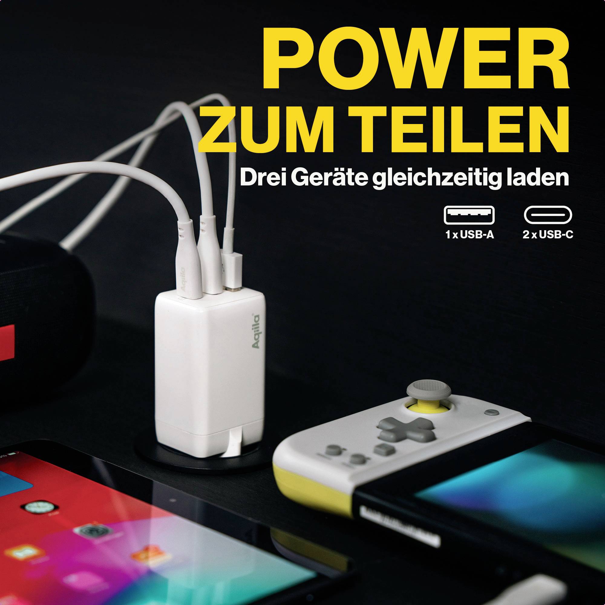 'Power om te delen: Drie apparaten tegelijkertijd opladen' - Afbeelding toont een oplader met drie kabels en oplaadsymbolen voor USB-A en USB-C.