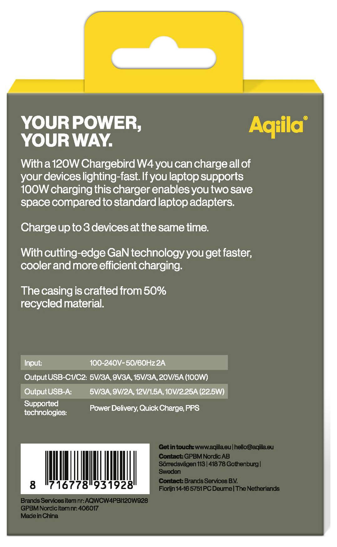 Verpakking van een 120W Chargebird W4 oplader van Aqila. Beschrijving benadrukt snel opladen via USB-C en GaN-technologie, behuizing gemaakt van 50% gerecycled materiaal.