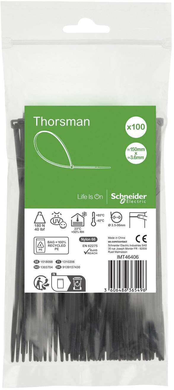 Schneider Electric IMT46406 Kabelbinder 150 mm 3.6 mm UV-gestabiliseerd, Met klikverbinding, Vlamvertragend 100 stuk(s)