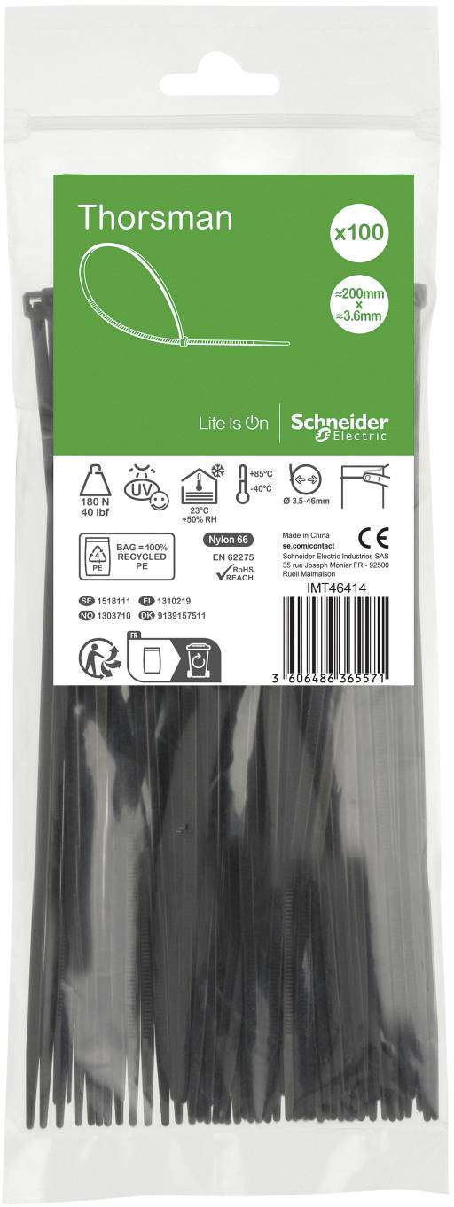 Schneider Electric IMT46414 Kabelbinder 200 mm 3.6 mm Met klikverbinding, Vlamvertragend, UV-gestabiliseerd 100 stuk(s)