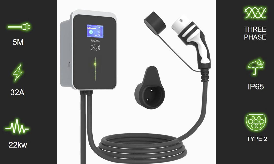 Een oplader voor elektrische voertuigen met kabel. Links informatie: '5M', '32A', '22kW'. Rechts: 'DRIE FASEN', 'IP65', 'TYPE 2'.