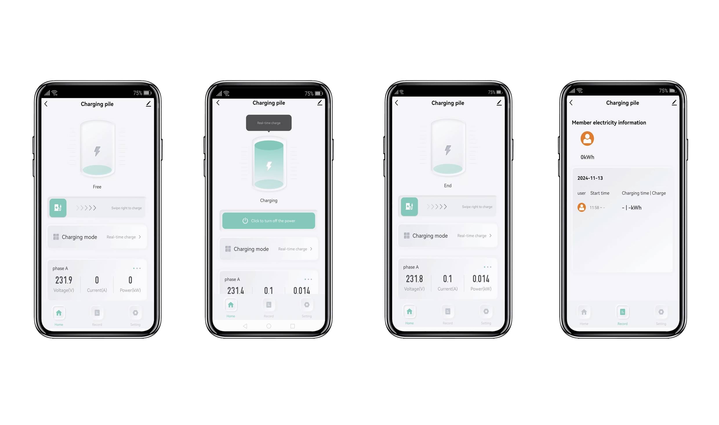 Vier smartphoneschermen tonen een elektrische voertuig laad-app. Weergaven: laadstatus, laadmodus, geladen energie en laadstatistieken.
