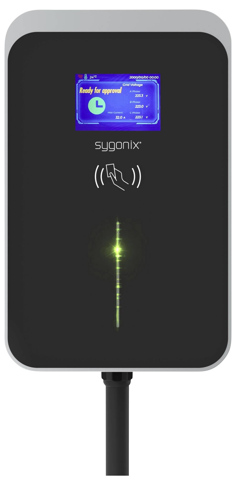 Laadstation met digitaal display toont laadproces. Merkenlogo 'sygonix'. Aanraakoppervlak voor activering.