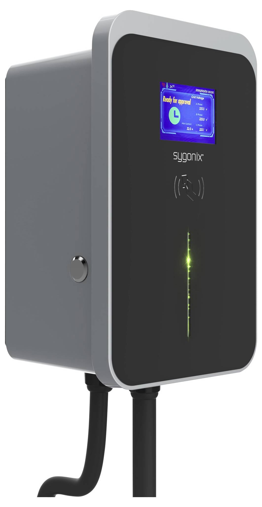 Een grijze laadpaal met een digitaal display, toont laadgegevens voor elektrische voertuigen. De paal heeft kabelaansluitingen aan de onderkant.