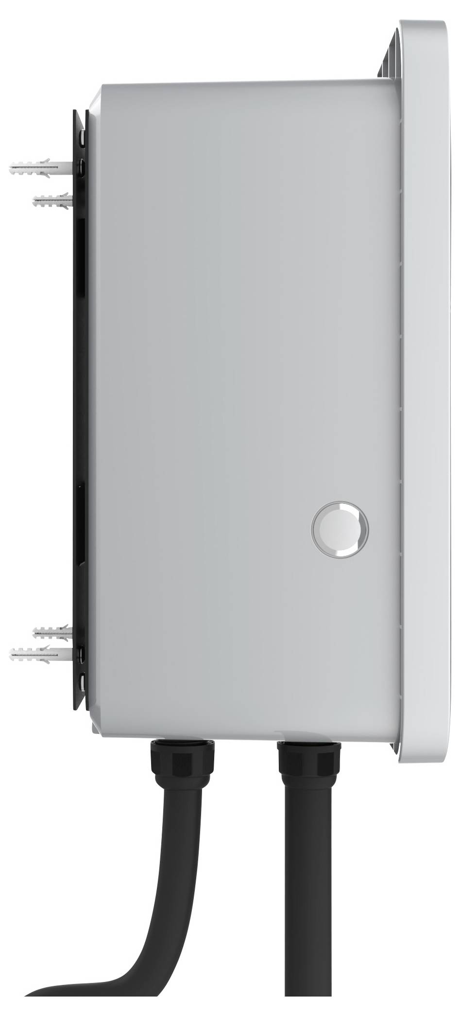 Zilveren elektrische doos, zijaanzicht, met twee zwarte kabels onderaan aangesloten.