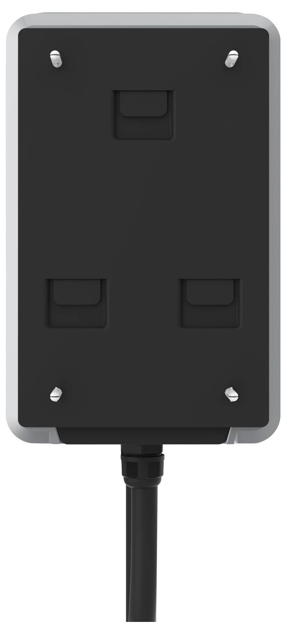 Een rechthoekig, zwart elektronisch apparaat met een kabel aan de onderkant, vermoedelijk geschikt voor wandmontage.