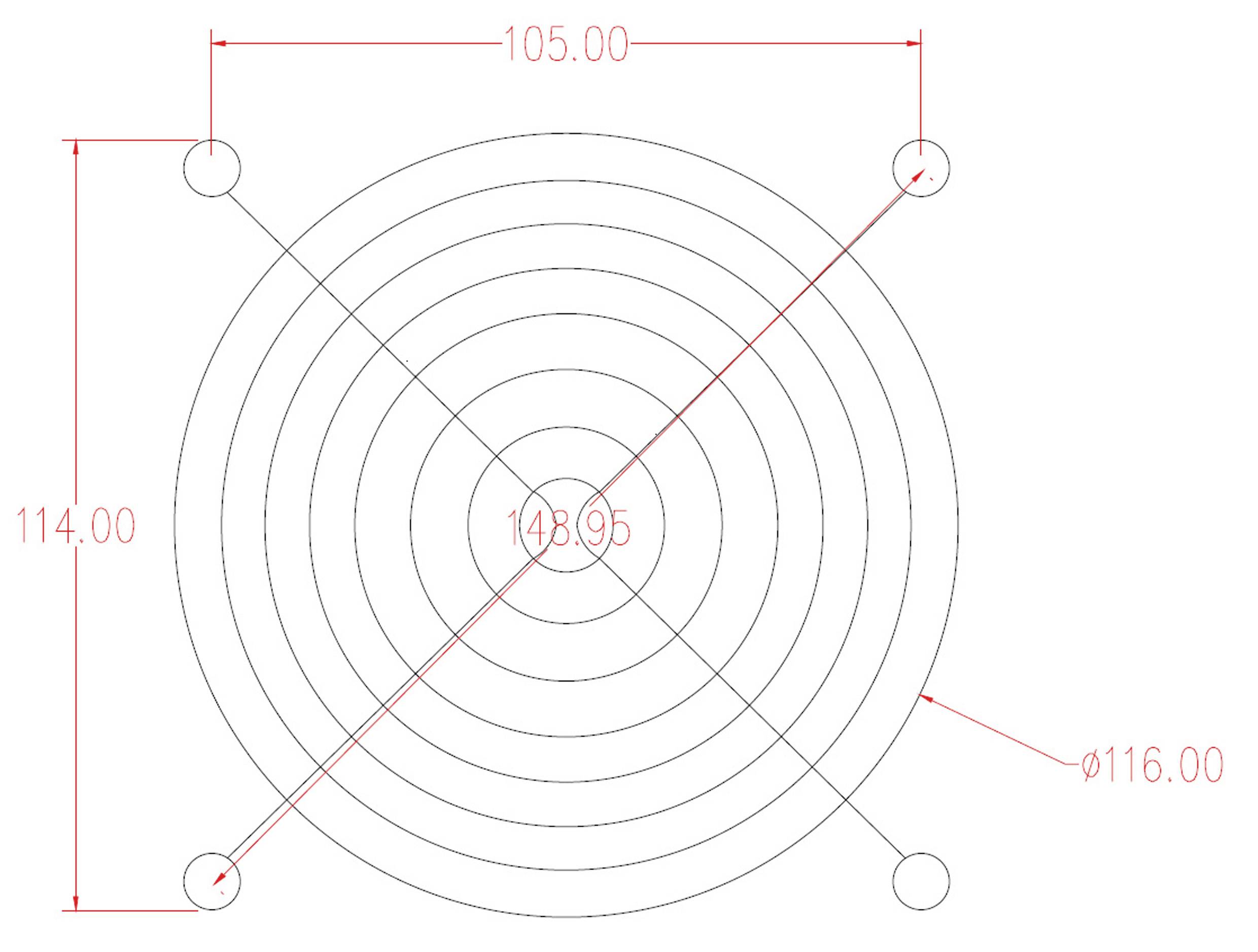 'Tekening van een ventilatierooster met acht concentrische ringen, vier bevestigingsgaten en afmetingen: 148,95 mm diameter, 116,00 mm gatdiameter, 105,00 mm horizontale gatafstand, 114,00 mm verticale gatafstand.'