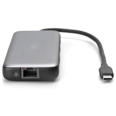 Een compacte adapter met een Ethernet-aansluiting aan de ene kant en een USB-C-aansluiting aan de andere kant, geschikt voor netwerkverbinding.