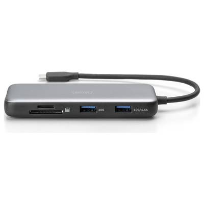 USB-C-hub met meerdere poorten, waaronder USB 3.0 en SD-kaartlezer, voor uitbreiding van aansluitingsmogelijkheden op computers.