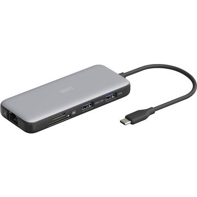 USB-C-hub met meerdere aansluitingen: twee USB-3.0-poorten, Ethernet-poort, SD-kaartlezer en HDMI-aansluiting. Zilvergrijs met aangesloten kabel.