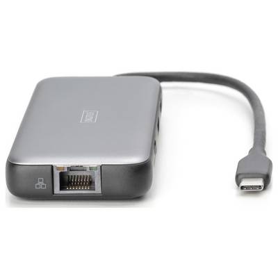 Een zilveren USB-C-hub met meerdere aansluitingen, waaronder een Ethernet-poort.