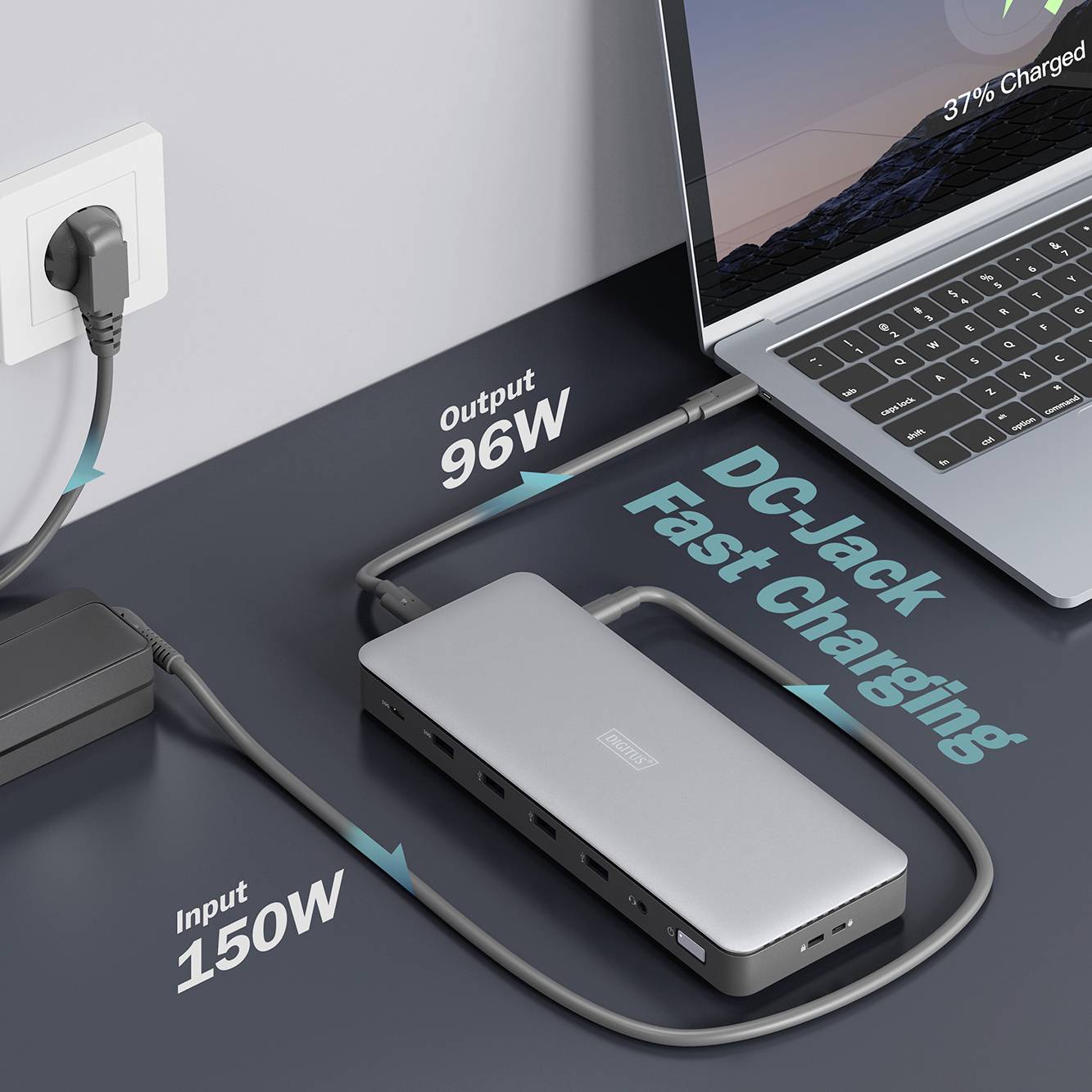 Een laptop wordt opgeladen met 'DC-Jack Fast Charging'. Weergave: 37% opgeladen. Verbonden via hub met 96W output, 150W input van voedingsadapter.