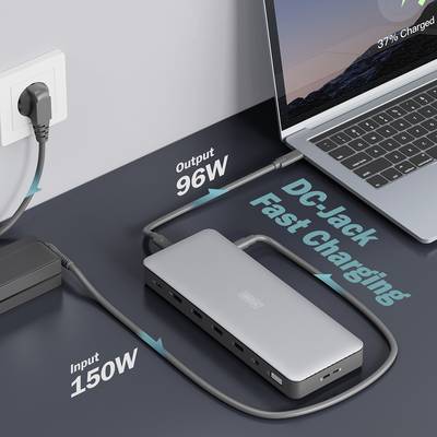 Een laptop wordt opgeladen met 'DC-Jack Fast Charging'. Weergave: 37% opgeladen. Verbonden via hub met 96W output, 150W input van voedingsadapter.