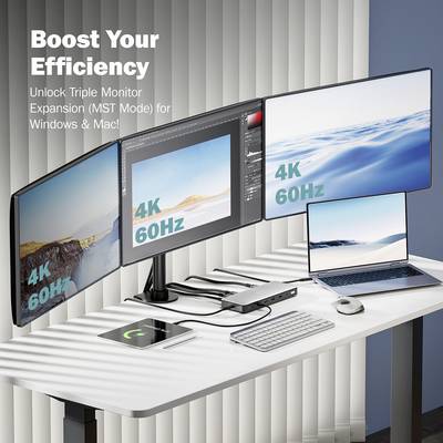 Een bureau met een laptop, aangesloten op drie 4K-monitoren, toont een afbeelding. Tekst: 'Verhoog uw efficiëntie'.