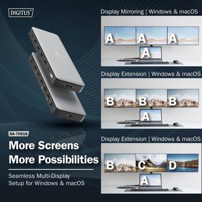 De tekst beschrijft een multi-display-adapter van Digitus, model DA-70918, met display-spiegeling en -uitbreiding voor Windows en macOS.