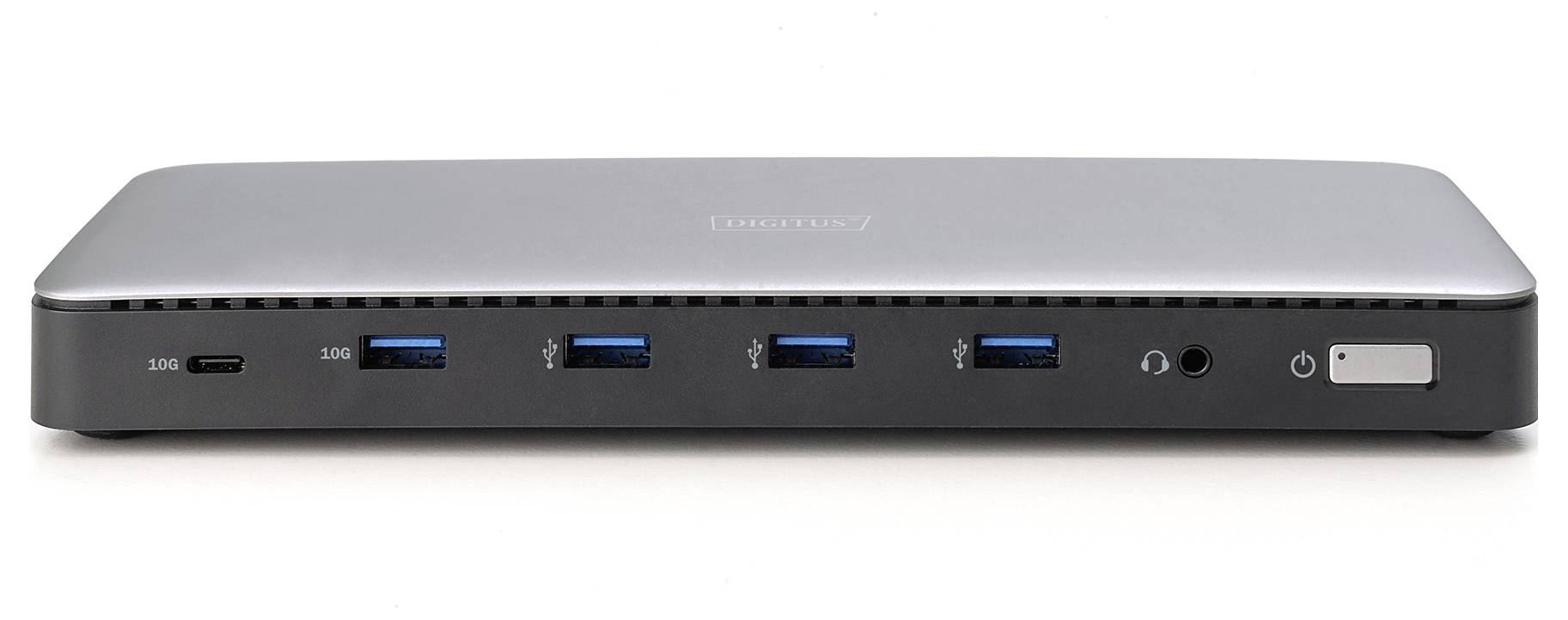 Een grijze USB-docking hub met meerdere USB-poorten en een netschakelaar, voor het aansluiten van apparaten op een computer.