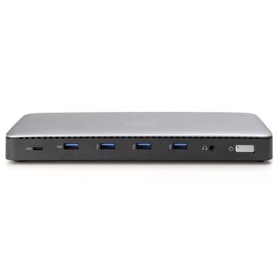 Een grijze USB-docking hub met meerdere USB-poorten en een netschakelaar, voor het aansluiten van apparaten op een computer.