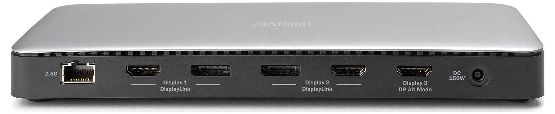 Achterkant van een dockingstation met meerdere aansluitingen: USB, Ethernet, DisplayPort en stroomaansluiting. Apparaat is van het merk Kensington.