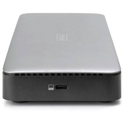 Externe harde schijf met zilvergrijs behuizing, USB-C-aansluiting aan de voorkant.
