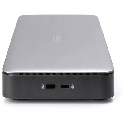 Een extern harde schijf behuizing met een zilveren bovenkant en zwarte bodem, twee USB-poorten en hangslotsymbolen aan de voorkant.