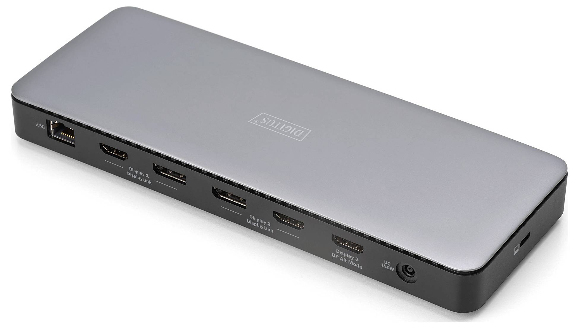 Een zilveren elektronisch apparaat met meerdere HDMI-poorten aan de zijkant, geschikt voor verbindingsuitbreidingen.