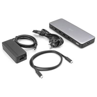 USB-C-dockingstation met meerdere aansluitingen, voedingsadapter, stroomkabel en USB-C-kabel op witte achtergrond.