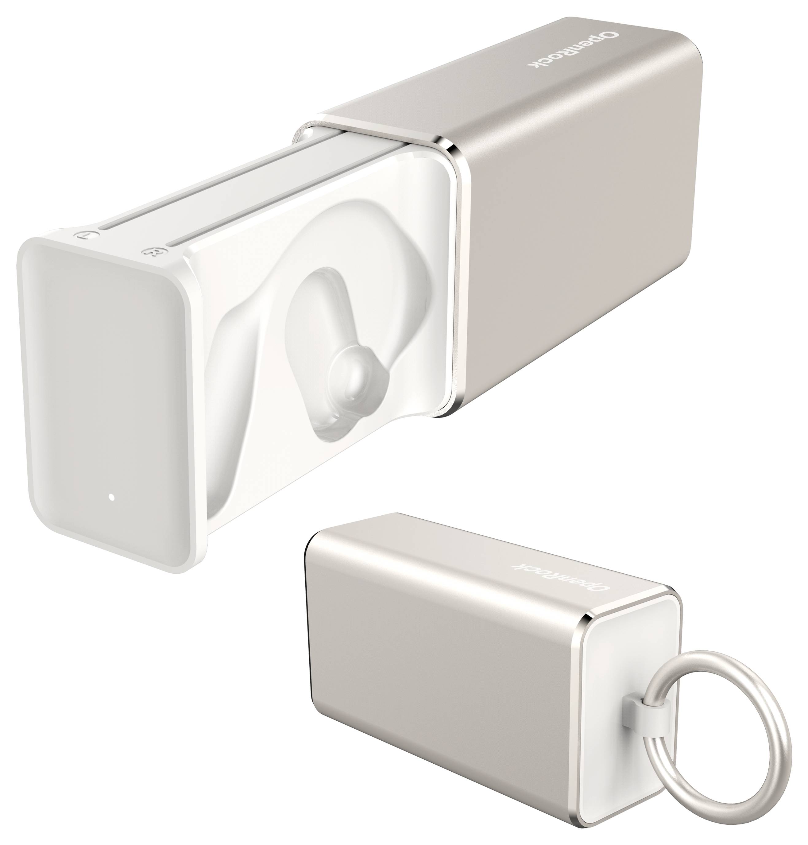 Een metalen apparaatomhulsel met een gladde oppervlakte, dat een transparant element bevat. Het heeft een sleutelhanger.