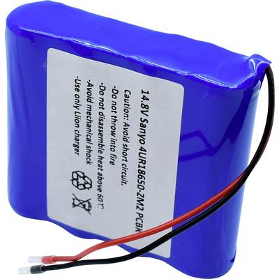 Blauwe lithium-ion accu met etiket. Opschrift: '14.8V Sanyo 4UR18650-2N2 PCB'. Waarschuwingen ter voorkoming van kortsluiting en oververhitting.