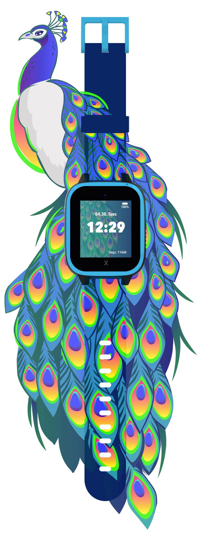 Een digitale fitnesstracker met een groene display op een gestileerde pauw, waarvan de kleurrijke veren de polsband vormen.